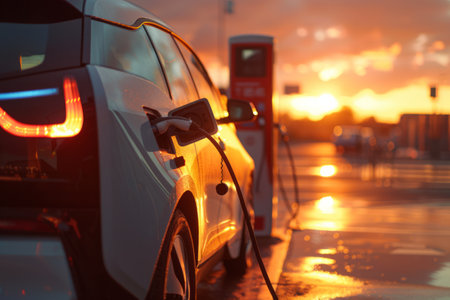 Electric car being charged at a charging station.の素材