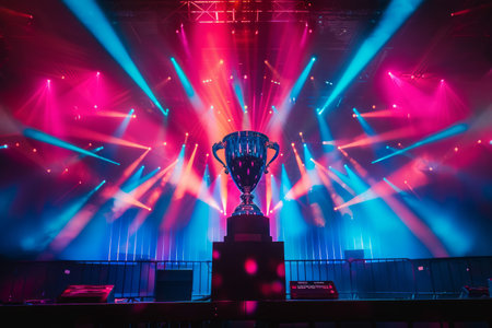 A trophy on a stage with dynamic lighting and a crowd.の素材