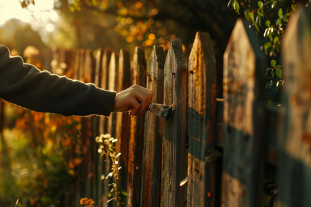Person painting a wooden fence outdoors.の素材