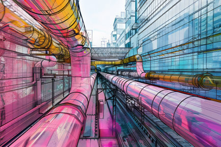 Artistic rendering of urban development and transportation.の素材