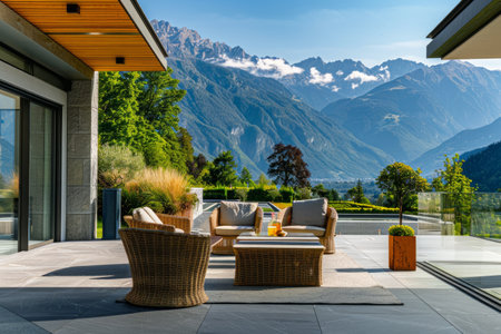 Modern house terrace with mountain viewの素材