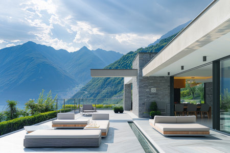 Modern house terrace with mountain viewの素材