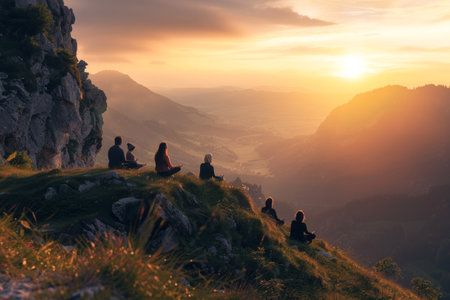 Group of people meditating on a mountain at sunrise.の素材