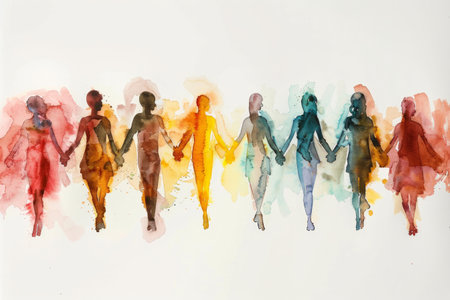 Watercolor painting of diverse people holding hands.の素材