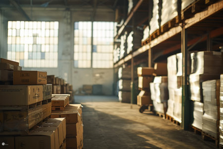 Warehouse interior with pallets of boxed goods.の素材