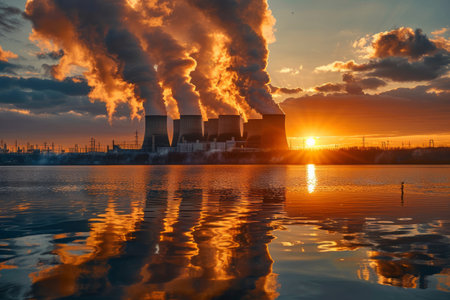 Cooling towers emitting steam at sunsetの素材