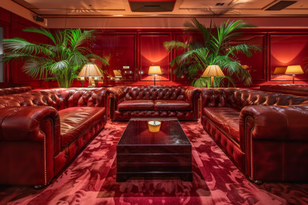 Luxurious red-themed lounge with leather sofas and dramatic lighting.の素材