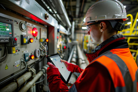 Worker with a tablet monitoring machinery in a factory.の素材