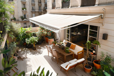 Sunny terrace with a retractable awning, stylish outdoor furniture, and plants.の素材