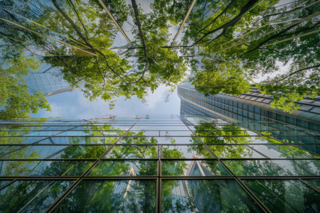 Reflection of trees on the glass facade of skyscrapers.の素材