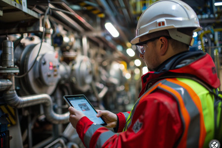 Worker with a tablet monitoring machinery in a factory.の素材