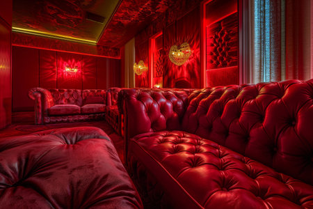 Luxurious red-themed lounge with leather sofas and dramatic lighting.の素材