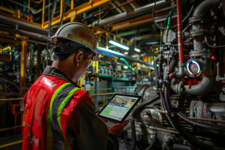 Worker with a tablet monitoring machinery in a factory.の素材