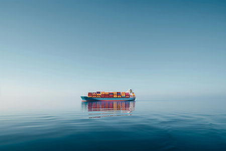 Cargo ship loaded with containers on the ocean under a clear sky.の素材