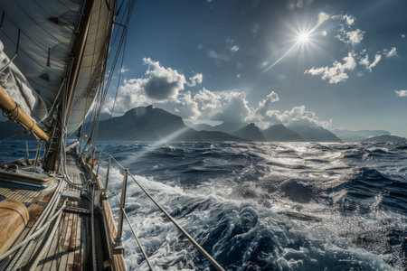 Sailing yacht on rough sea with sunny skies.の素材