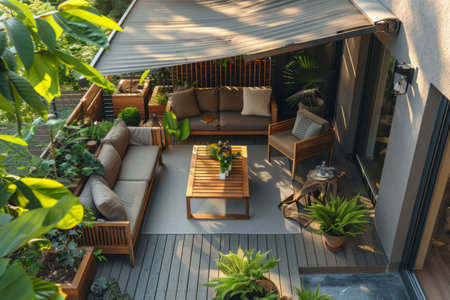Sunny terrace with a retractable awning, stylish outdoor furniture, and plants.の素材