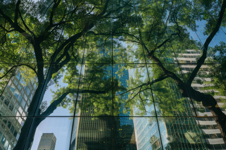 Reflection of trees on the glass facade of skyscrapers.の素材