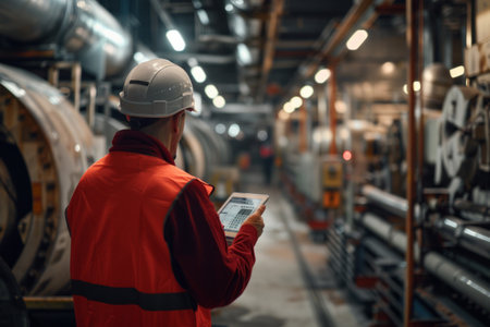 Worker with a tablet monitoring machinery in a factory.の素材