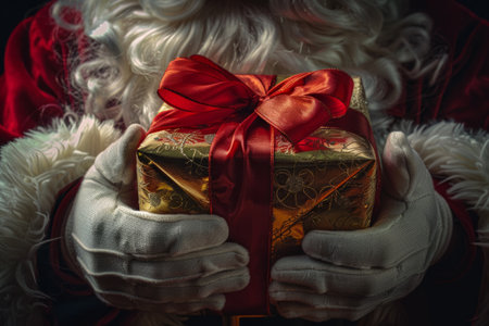 Santa Claus holding a gift with a red ribbon.の素材