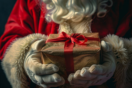 Santa Claus holding a gift with a red ribbon.の素材