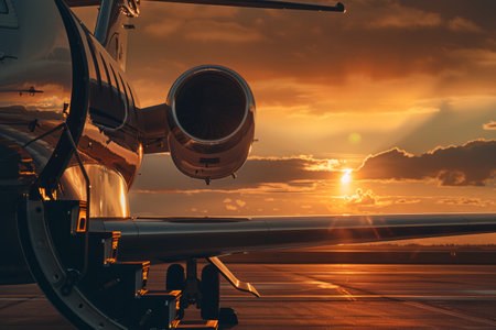 Private jet on tarmac during sunset with open door and stairs.の素材