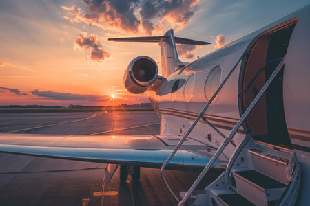 Private jet on tarmac during sunset with open door and stairs.の素材
