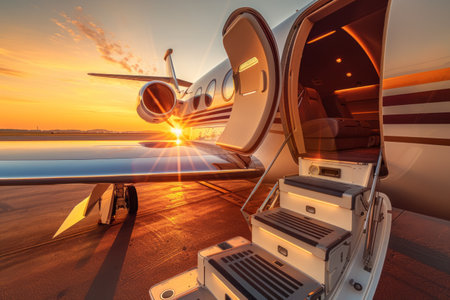 Private jet on tarmac during sunset with open door and stairs.の素材