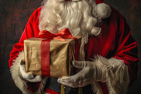 Santa Claus holding a gift with a red ribbon.の素材