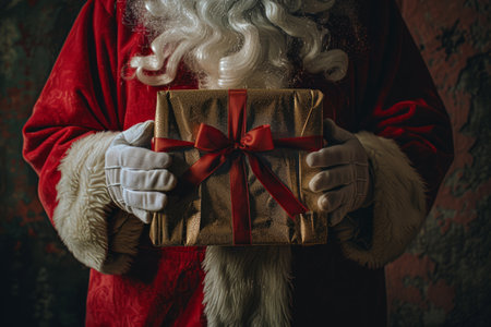 Santa Claus holding a gift with a red ribbon.の素材