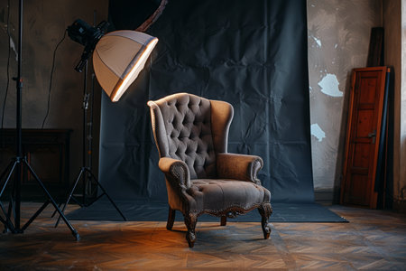 Professional photography studio setup with lighting equipment and a chairの素材