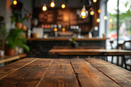 Warmly lit interior of a cafe, focusing on a textured wooden table with blurred background.の素材