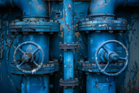 Complex network of blue industrial pipes with valvesの素材