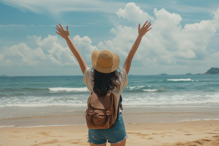 Woman with arms raised facing the sea on a sandy beachの素材