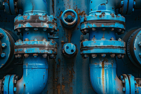 Complex network of blue industrial pipes with valvesの素材
