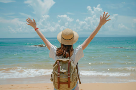 Woman with arms raised facing the sea on a sandy beachの素材