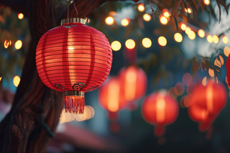 Red lanterns hanging from a tree, illuminated at duskの素材