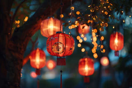 Red lanterns hanging from a tree, illuminated at duskの素材