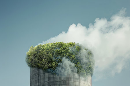 Cooling tower releasing steam with green leaves superimposed, symbolizing eco-friendly energyの素材