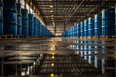 Blue barrels on pallets in an industrial warehouse.の素材