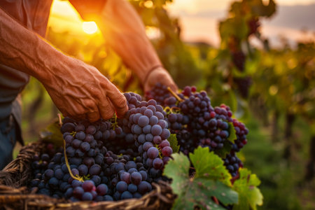 A person harvesting ripe grapes in a vineyard at sunset.の素材