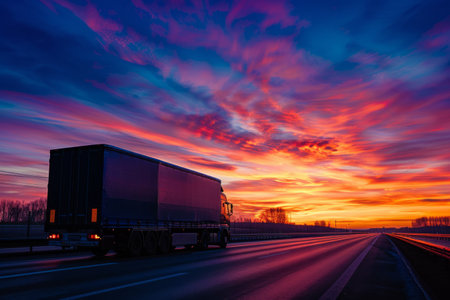 Semi-truck on the highway at sunset with a colorful sky.の素材