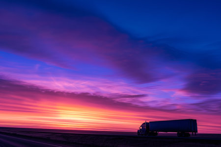 Semi-truck on the highway at sunset with a colorful sky.の素材