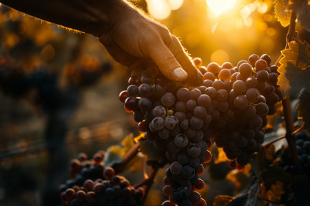 A person harvesting ripe grapes in a vineyard at sunset.の素材