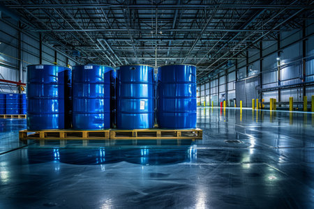 Blue barrels on pallets in an industrial warehouse.の素材