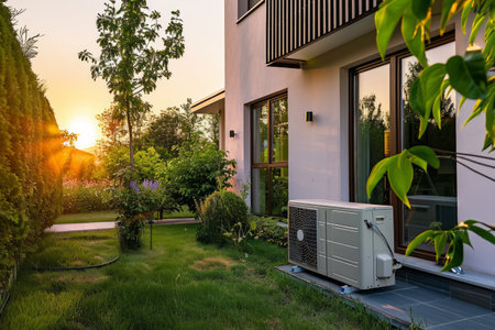 Heat pump unit outside of a modern house at sunset.の素材