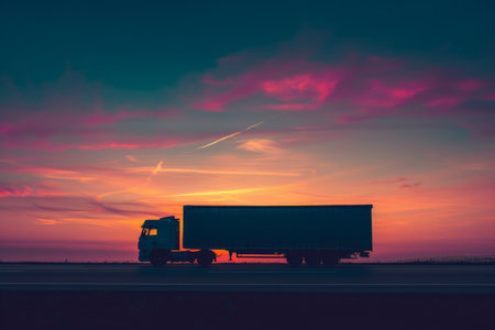 Photo for Semi-truck on the highway at sunset with a colorful sky. - Royalty Free Image