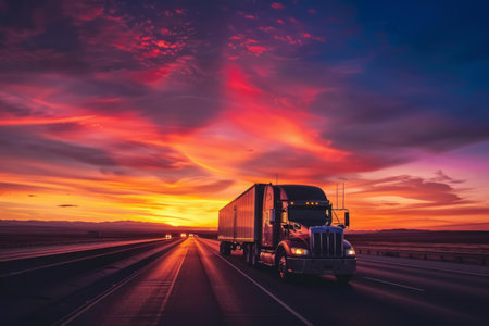 Semi-truck on the highway at sunset with a colorful sky.の素材