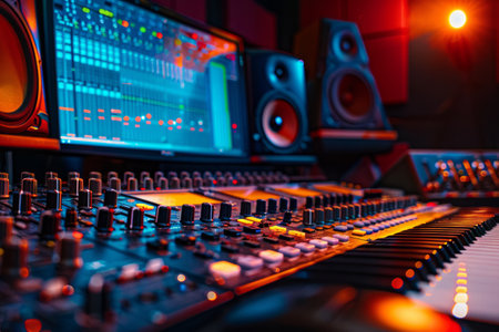 A professional music recording studio with modern equipment and mood lighting.の素材