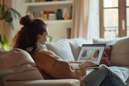 Woman shopping online on a laptop in a cozy living room.の素材