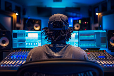 A sound engineer at the controls in a recording studio with mood lighting.の素材